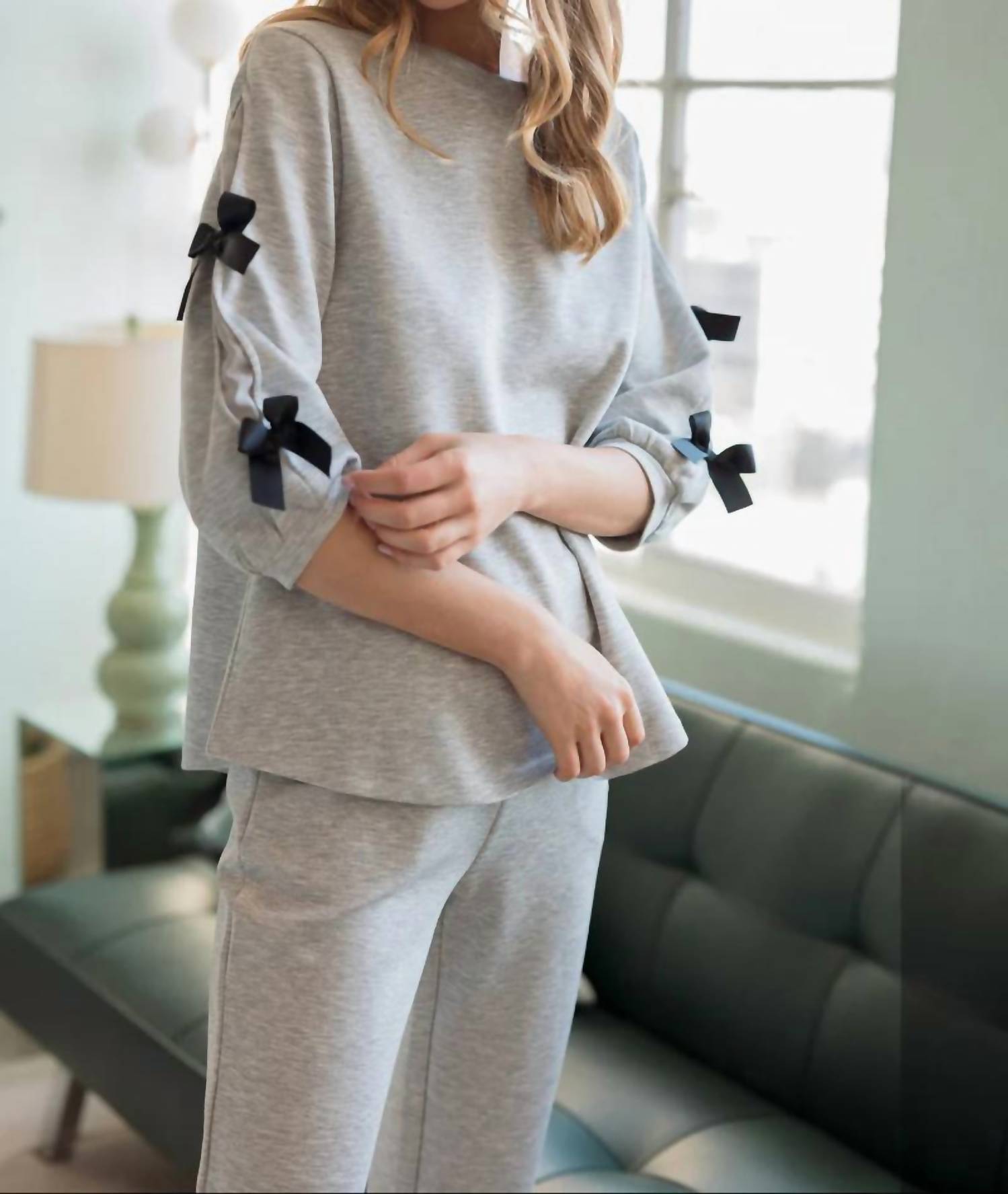 Joh Fatimah Knit Top With Ribbons in heather - women's top - detail view