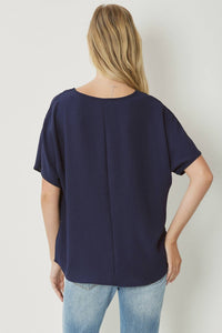 entro Solid V-neck Top in navy - women's blouse - detail view