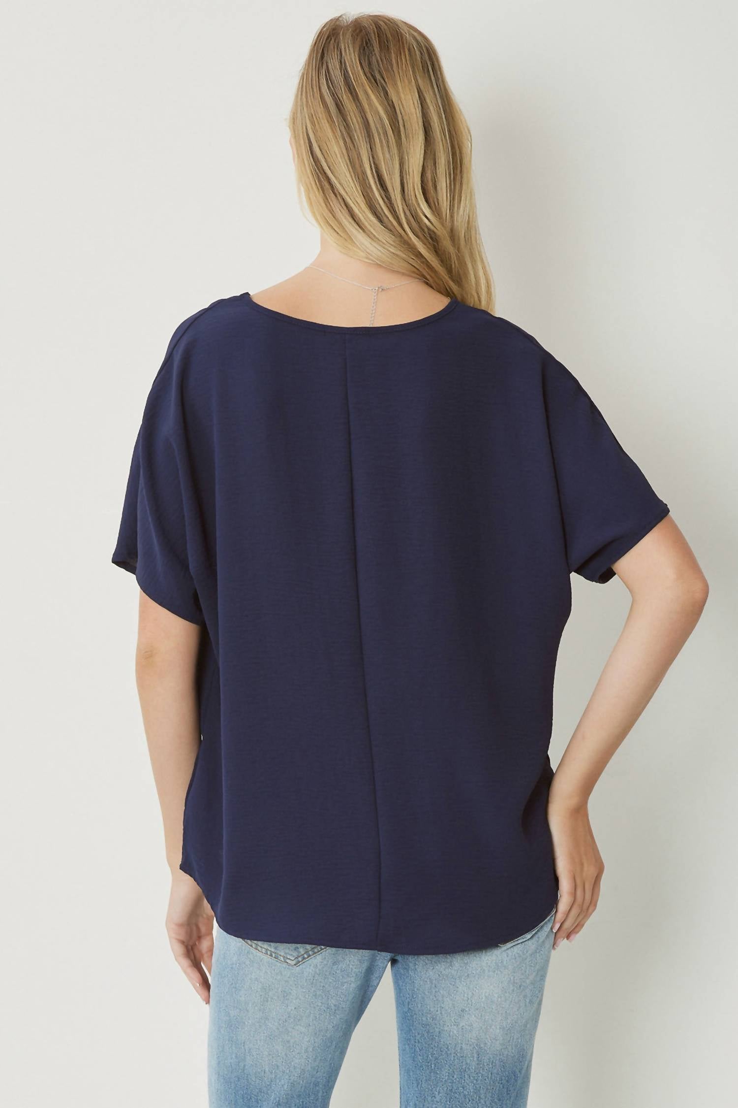 entro Solid V-neck Top in navy - women's blouse - detail view