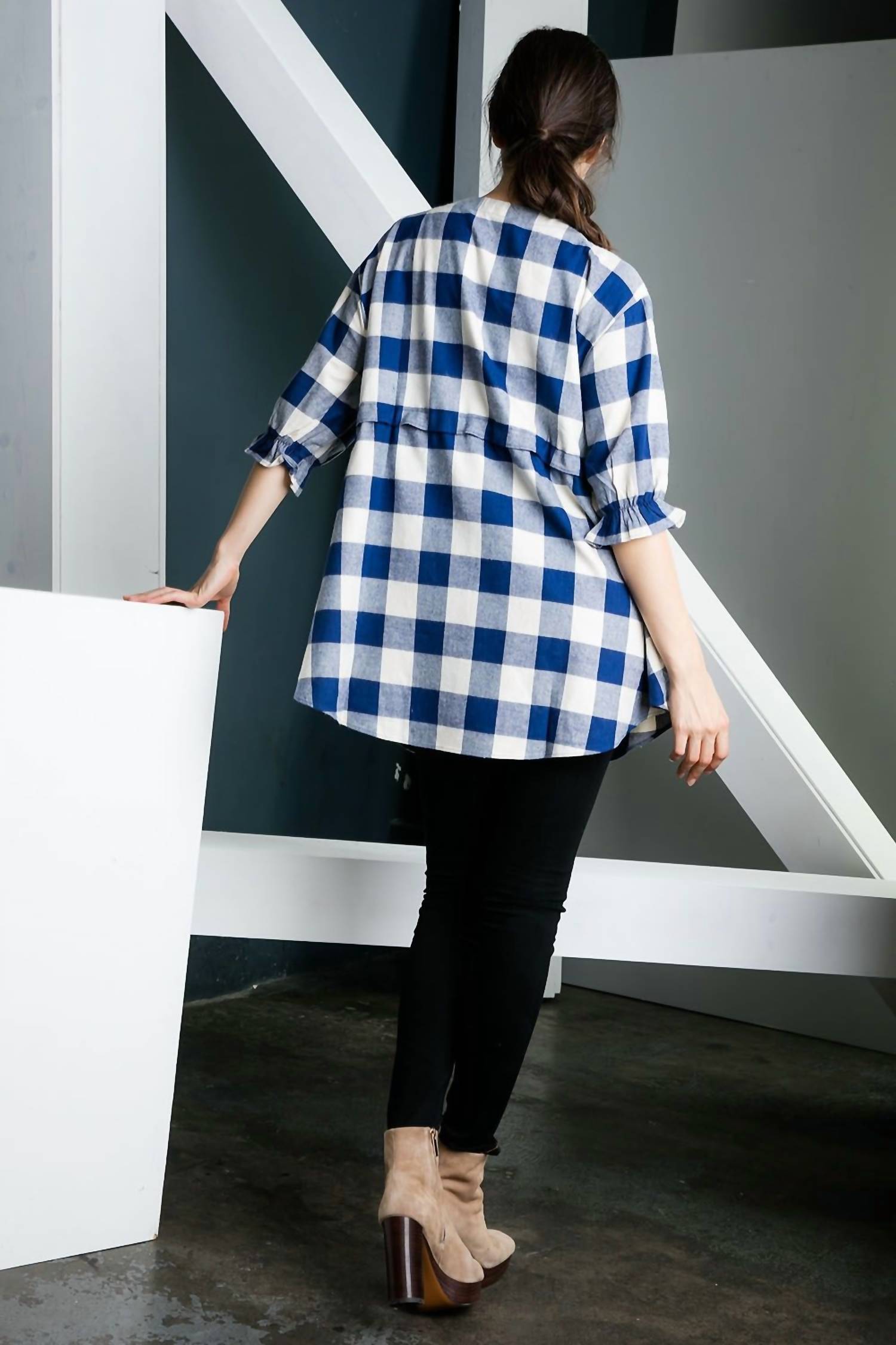 THML Checkered Past Tunic Top in blue - women's shirt - detail view