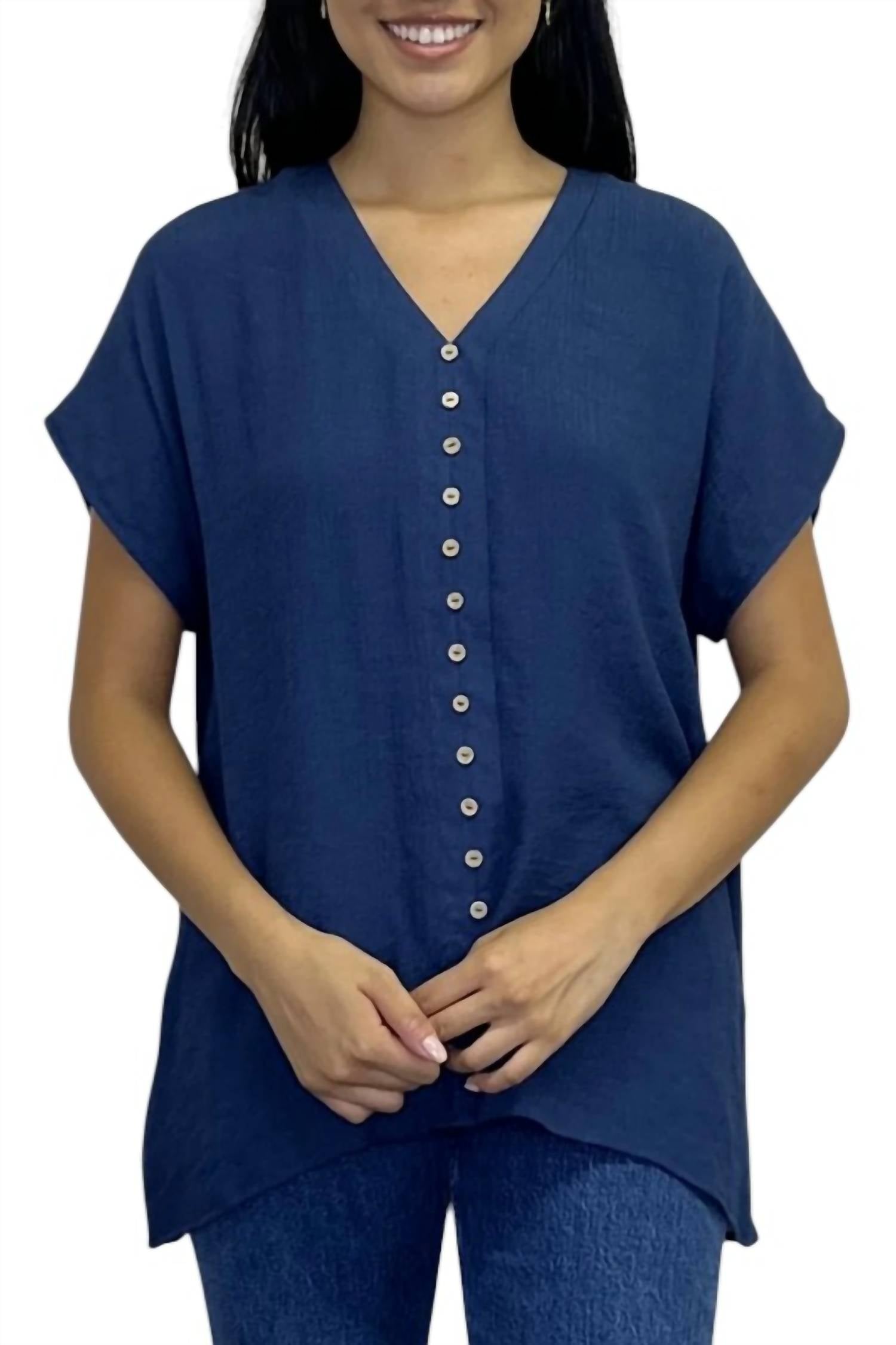 Papillon - V-Neck Asymmetrical Crinkle Button Front Top
