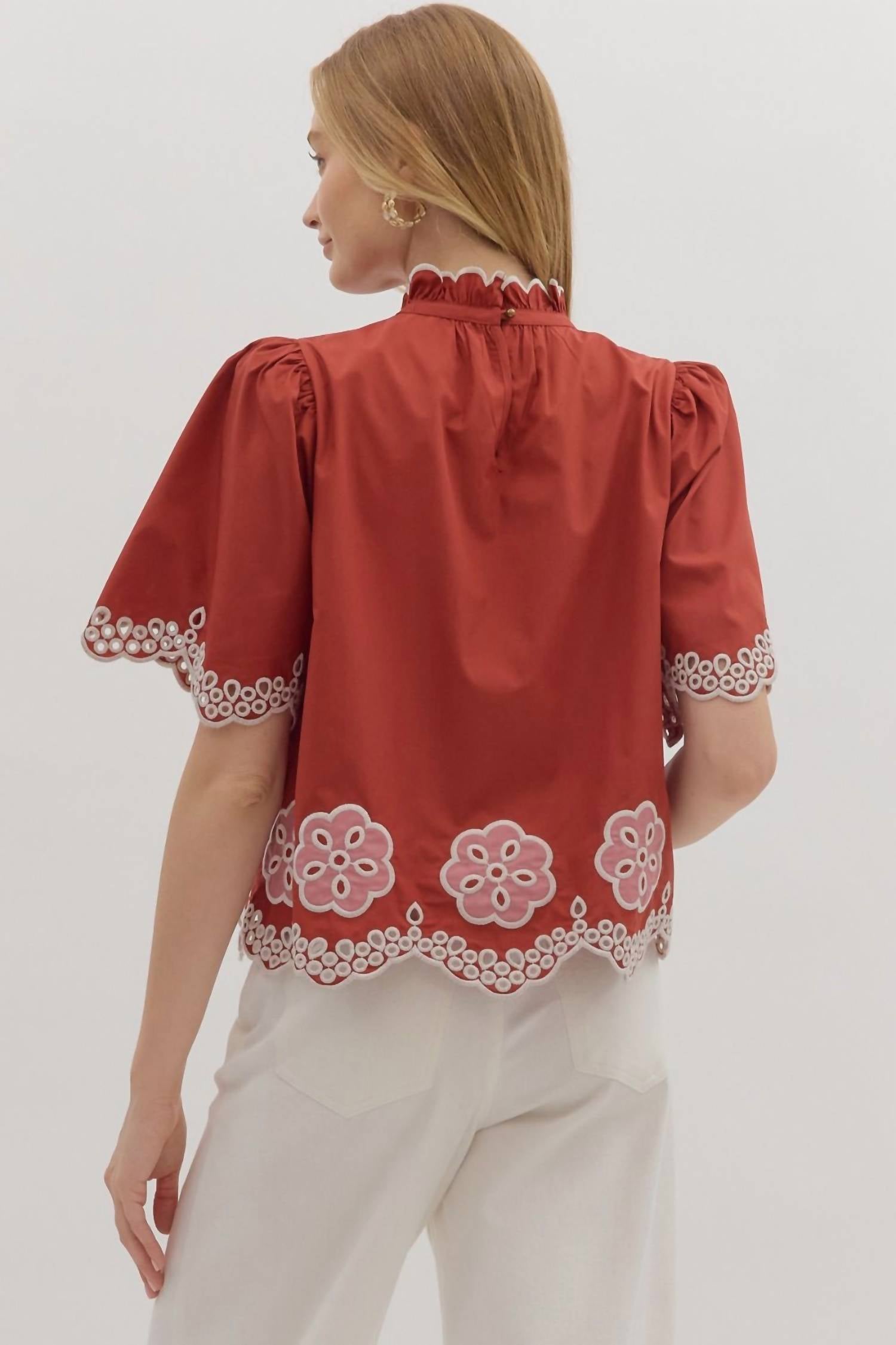 Entro - Flutter Embroidered High Neck Top