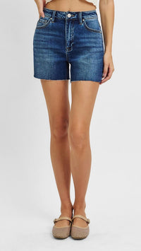 RISEN High Rise Raw Cut Side Slit Shorts in blue - women's shorts