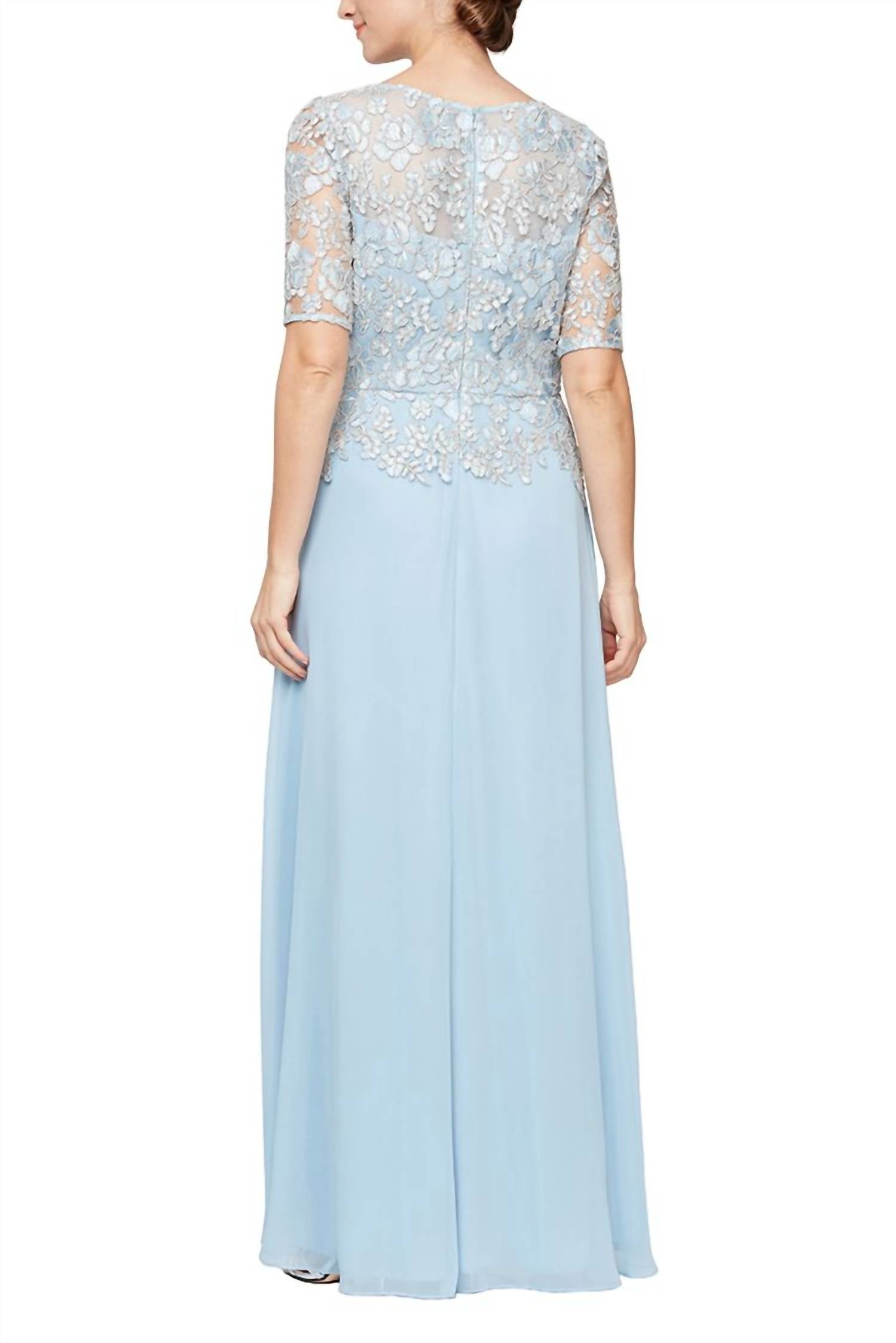 Alex Evenings - Embroidered Illusion Boat Neck Short Sleeve Chiffon Gown