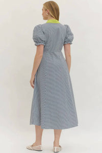 Entro - Puff Sleeve Midi Dress With Contrast Trim