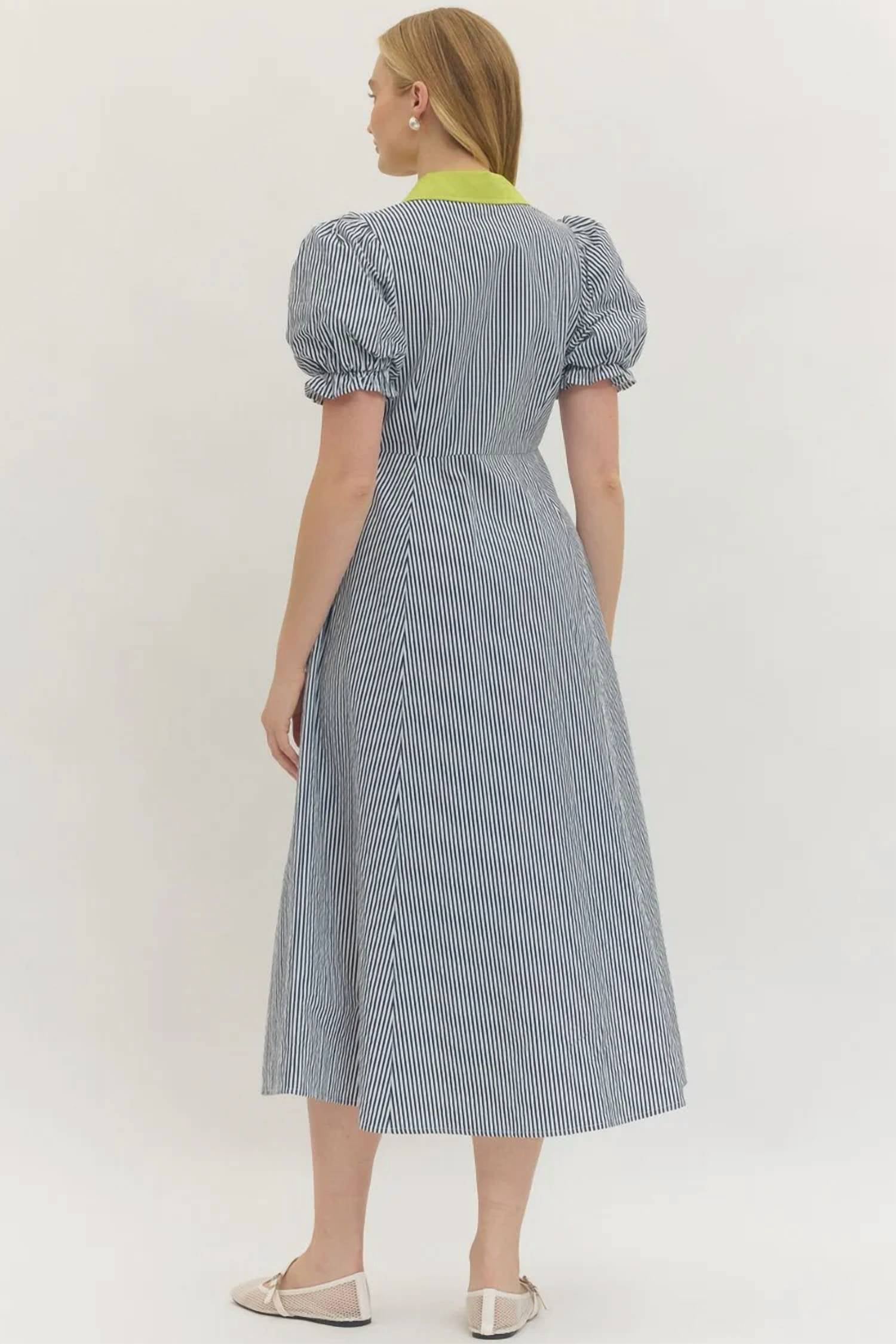 Entro - Puff Sleeve Midi Dress With Contrast Trim