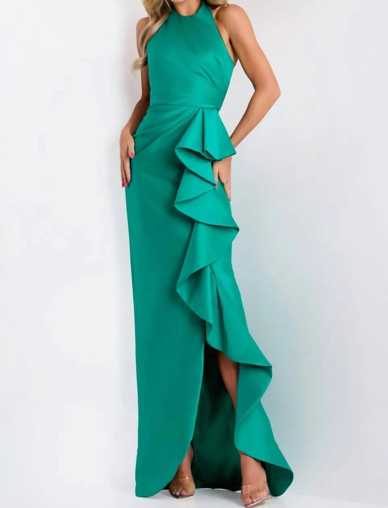 Jovani - Halter Neck Gown With Cascading Ruffle Detail