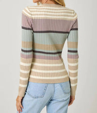 Mystree - Color Block Striped Ribbed Knit Sweater