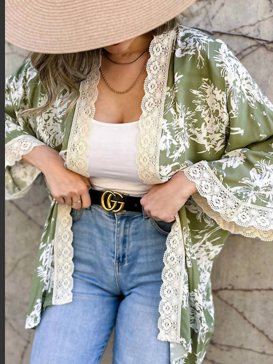 Amoli - Floral Kimono With Crochet Lace Trim