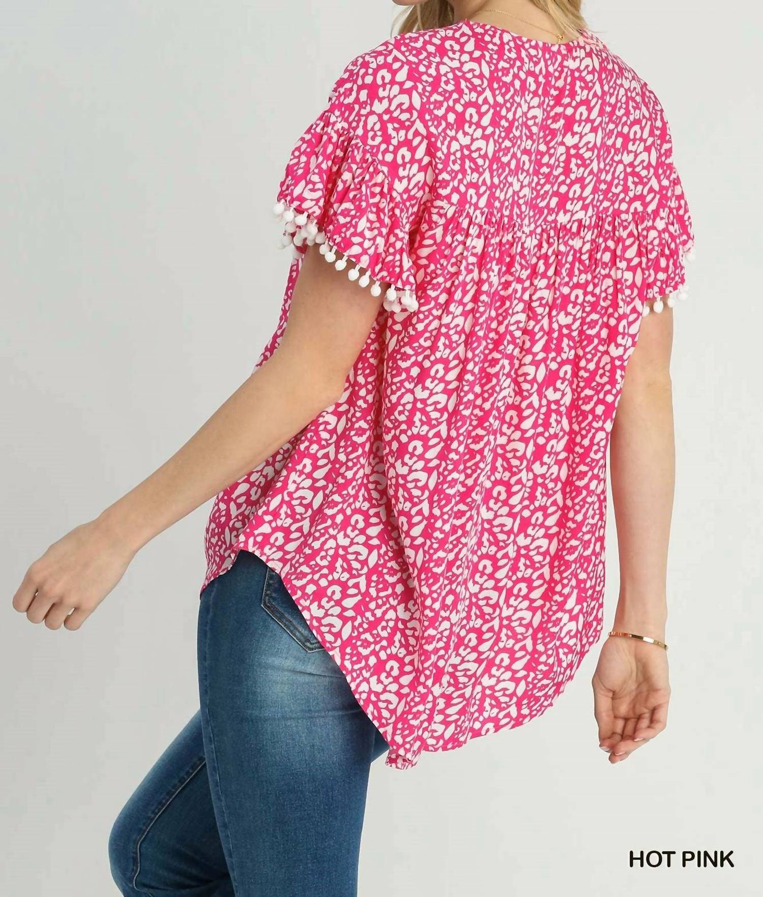 Umgee - Animal Print Split Neck Ruffle Sleeve Top