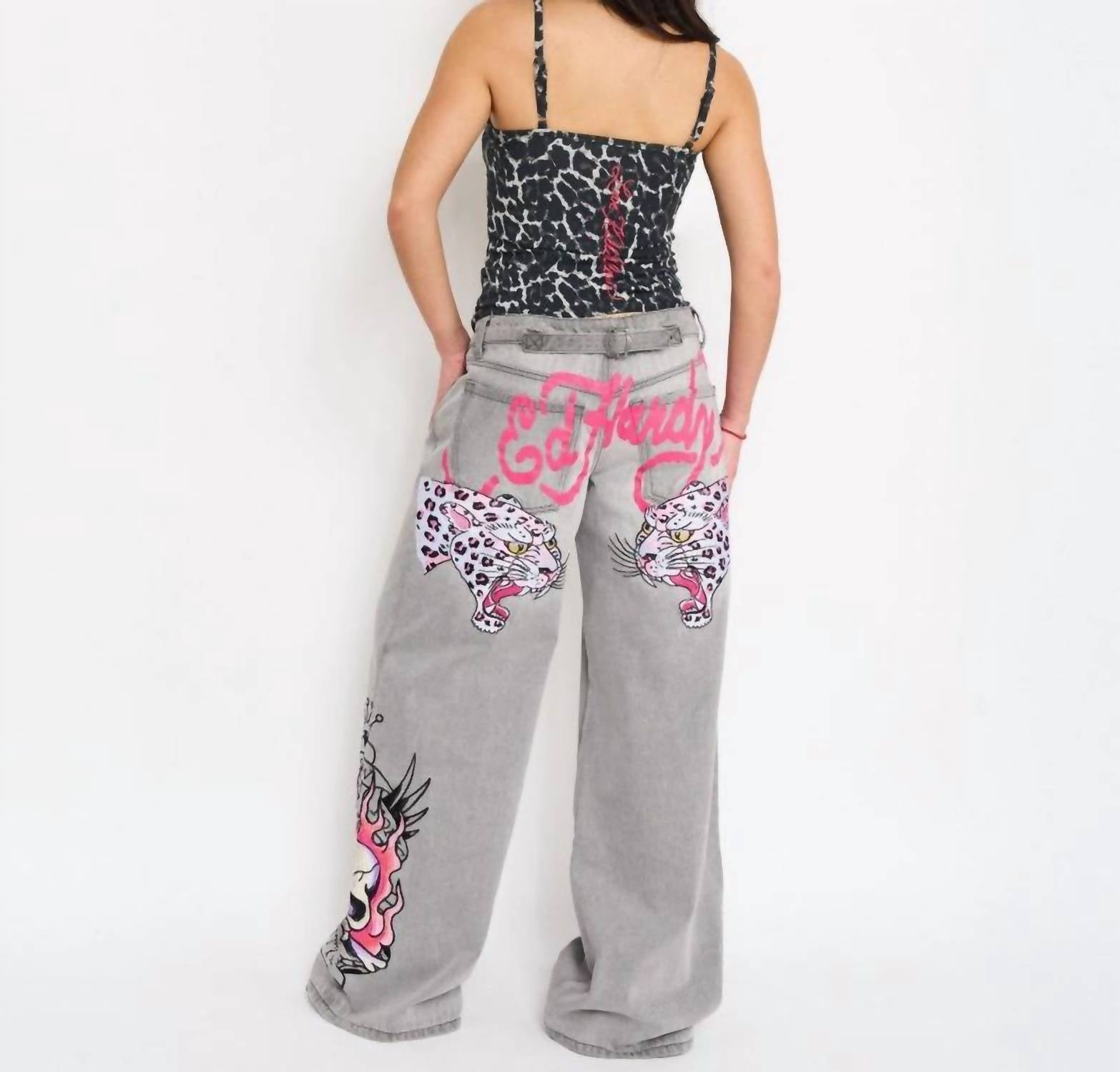 Ed Hardy Skull Flame Baggy Jeans in light grey - women's jeans - alternate view