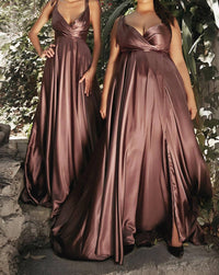 Ladivine Long Satin V-neck Dress in mahogany - women's dress - alternate view