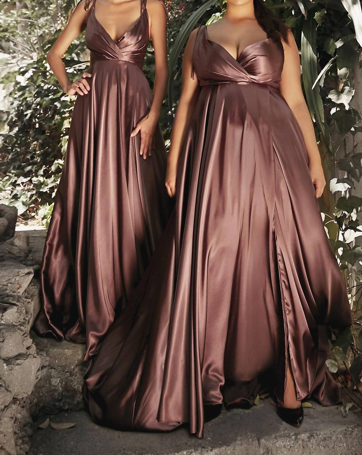 Ladivine Long Satin V-neck Dress in mahogany - women's dress - alternate view