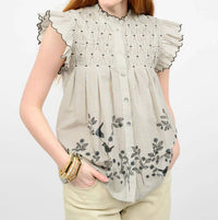 Ivy Jane Bird Border Button Front Top in beige - women's blouse - detail view
