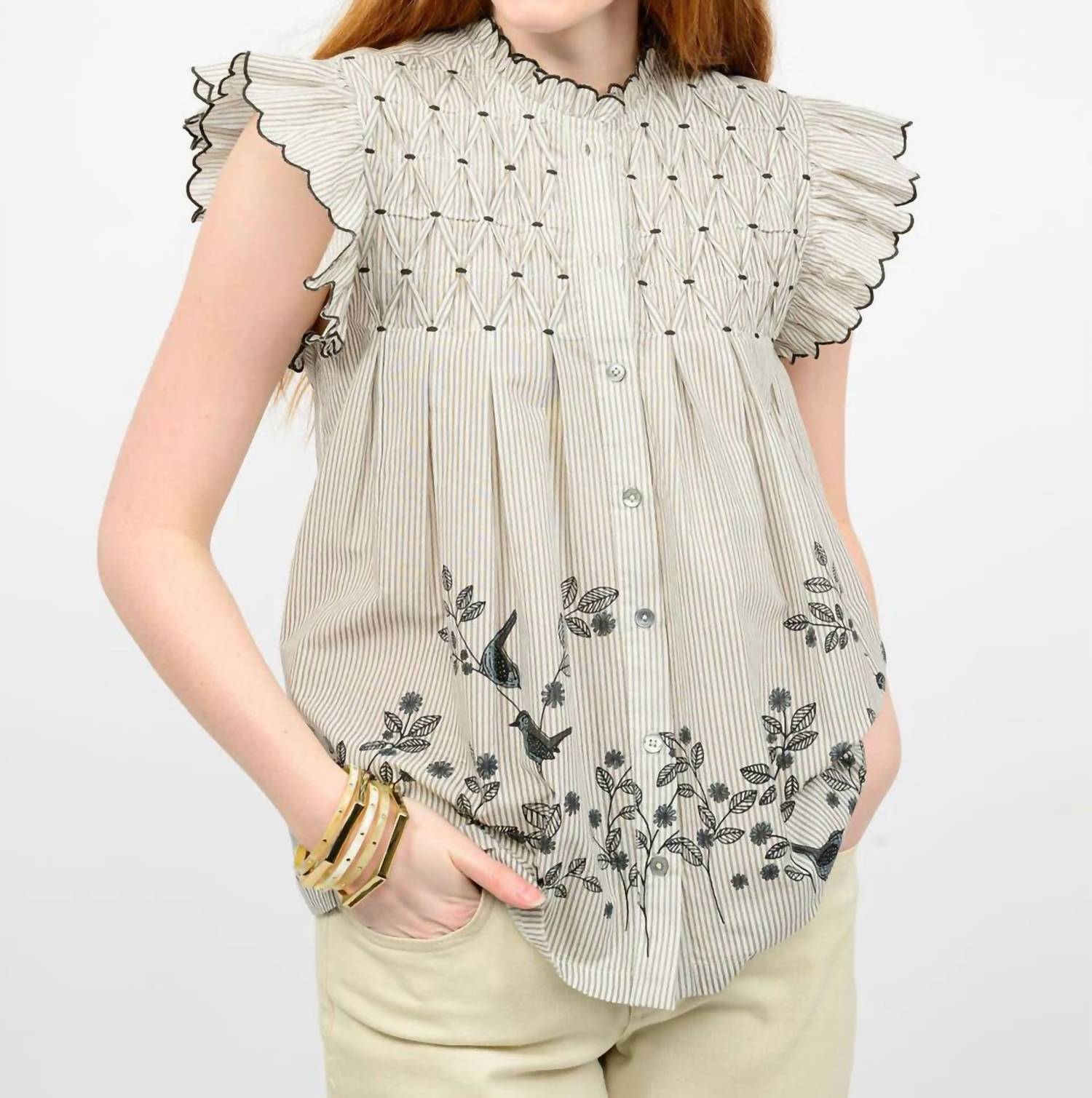 Ivy Jane Bird Border Button Front Top in beige - women's blouse - detail view