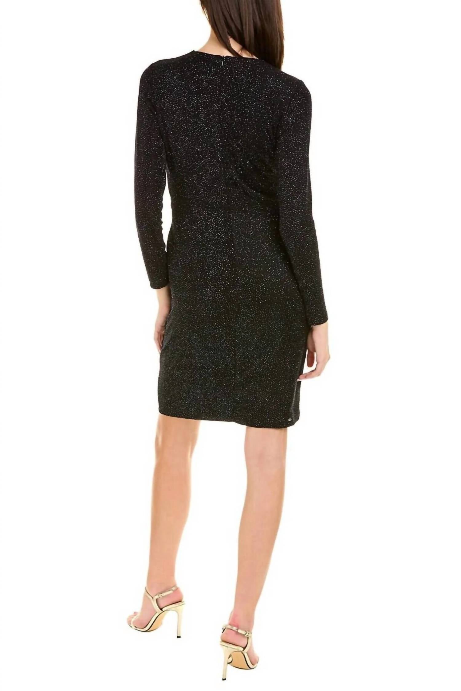 London Times - Long Sleeve Shirred Surplice Side Flounce Dress