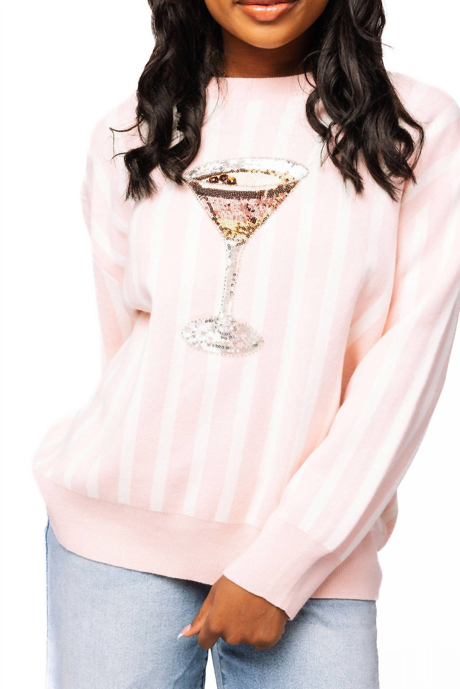 QUEEN OF SPARKLES Stripe Espresso Martini Sweater in light pink white 1 - women's sweater - view 5