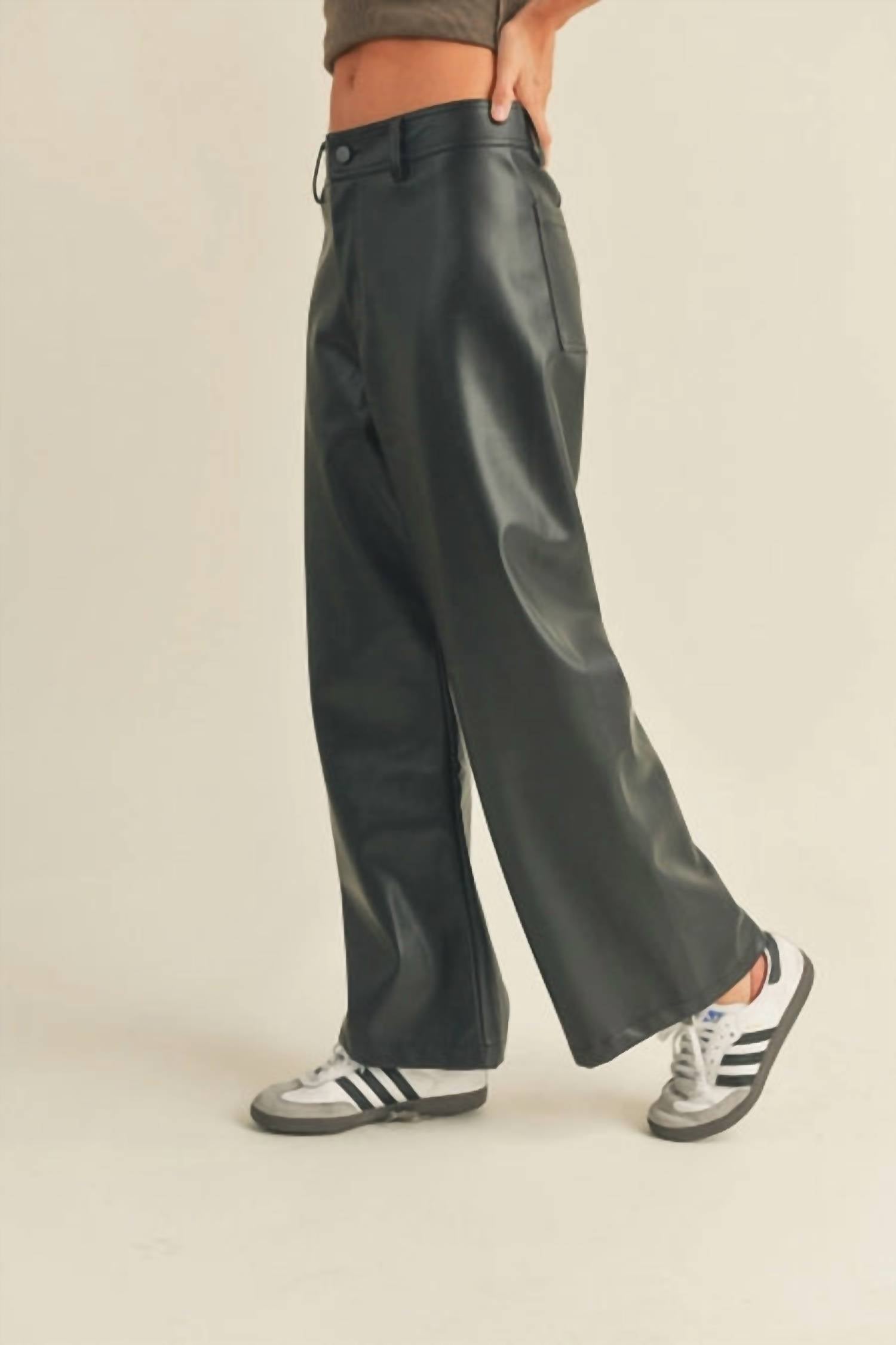 MIOU MUSE Leather Wide Leg Pants in black - women's pants - detail view