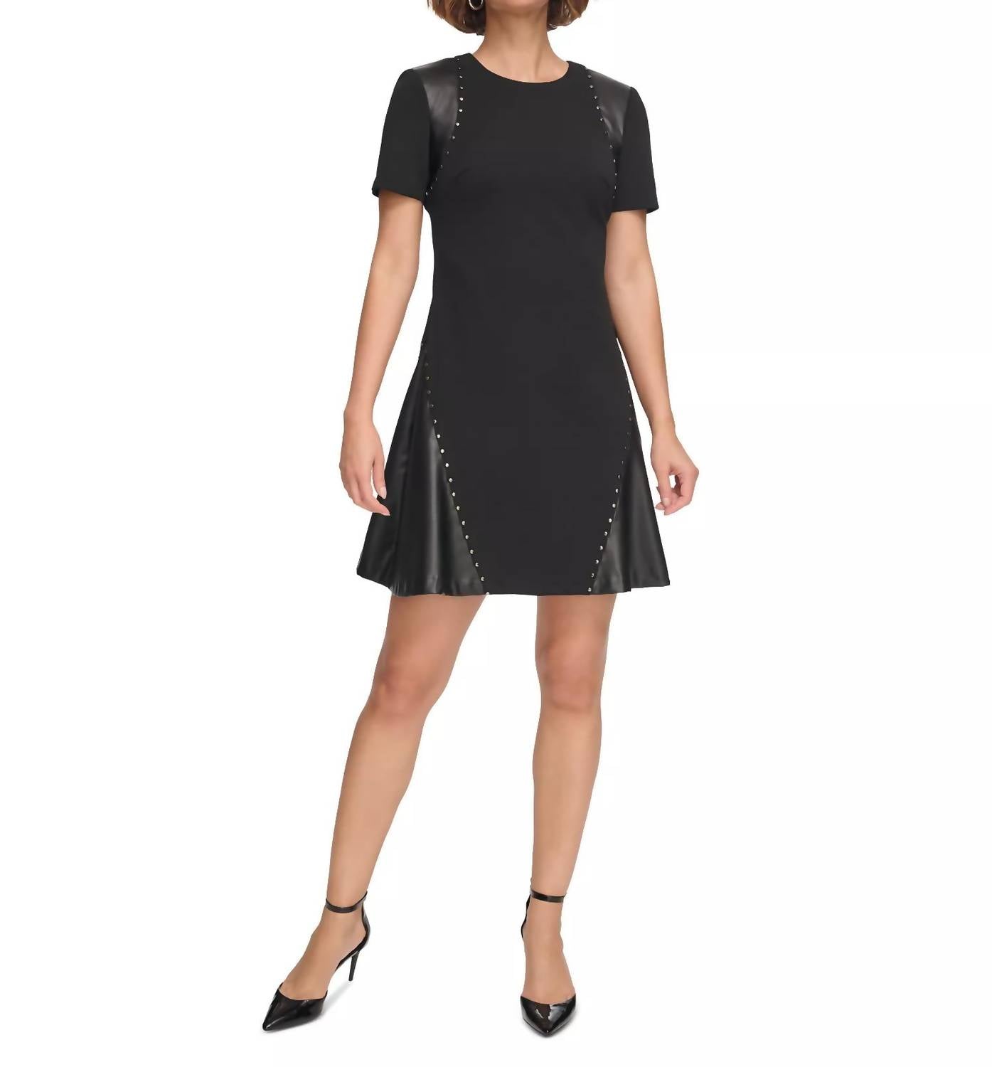 DKNY Women's Studded Mixed-media Fit & Flare Dress in black - women's dress