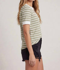 Doe And Rae - Split V-neck Striped Short Sleeve Top