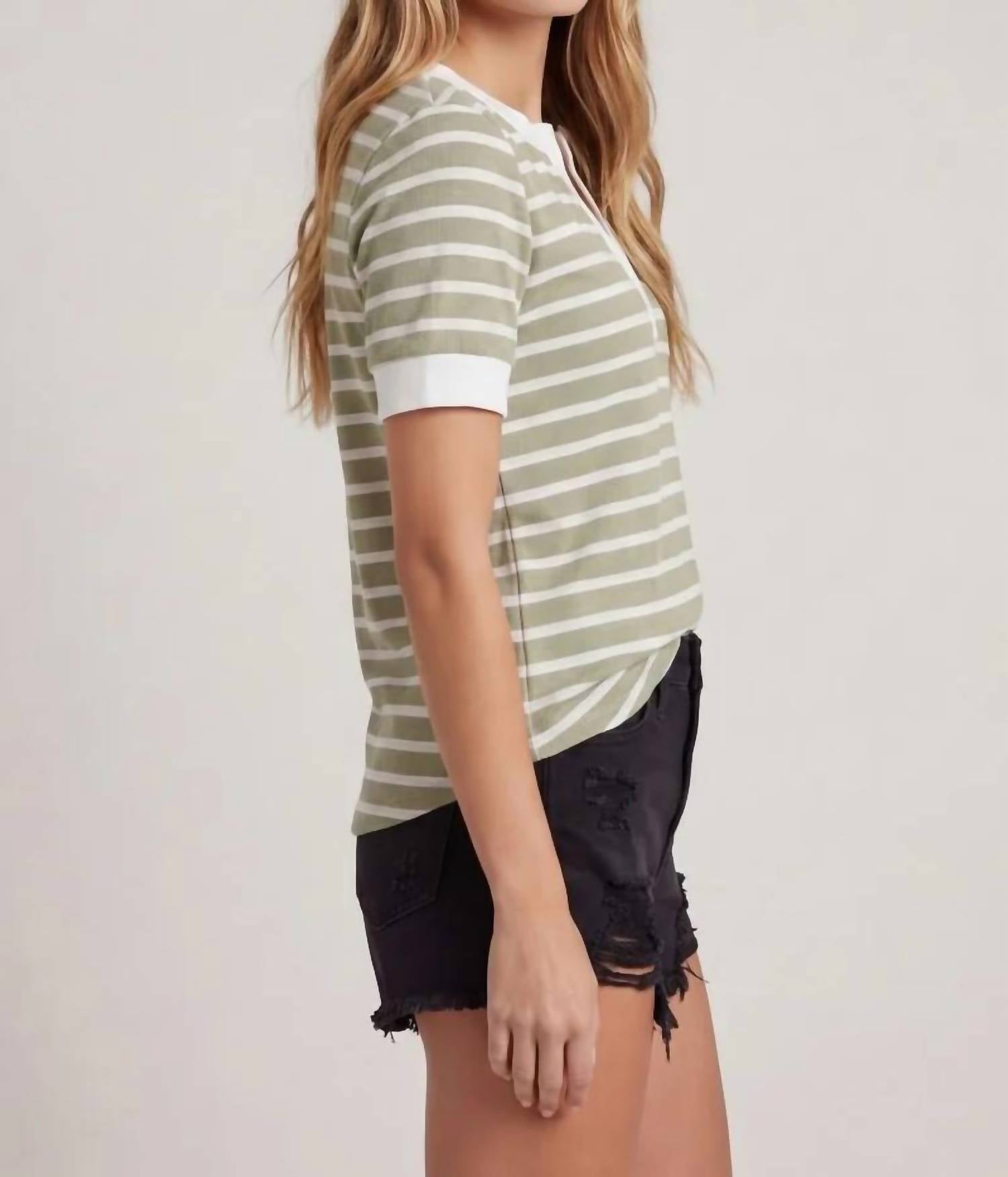 Doe And Rae - Split V-neck Striped Short Sleeve Top