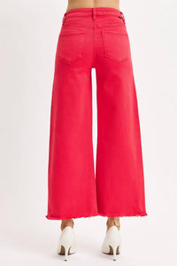 Risen - Tummy Control Red Raw Hem High Waisted Denim