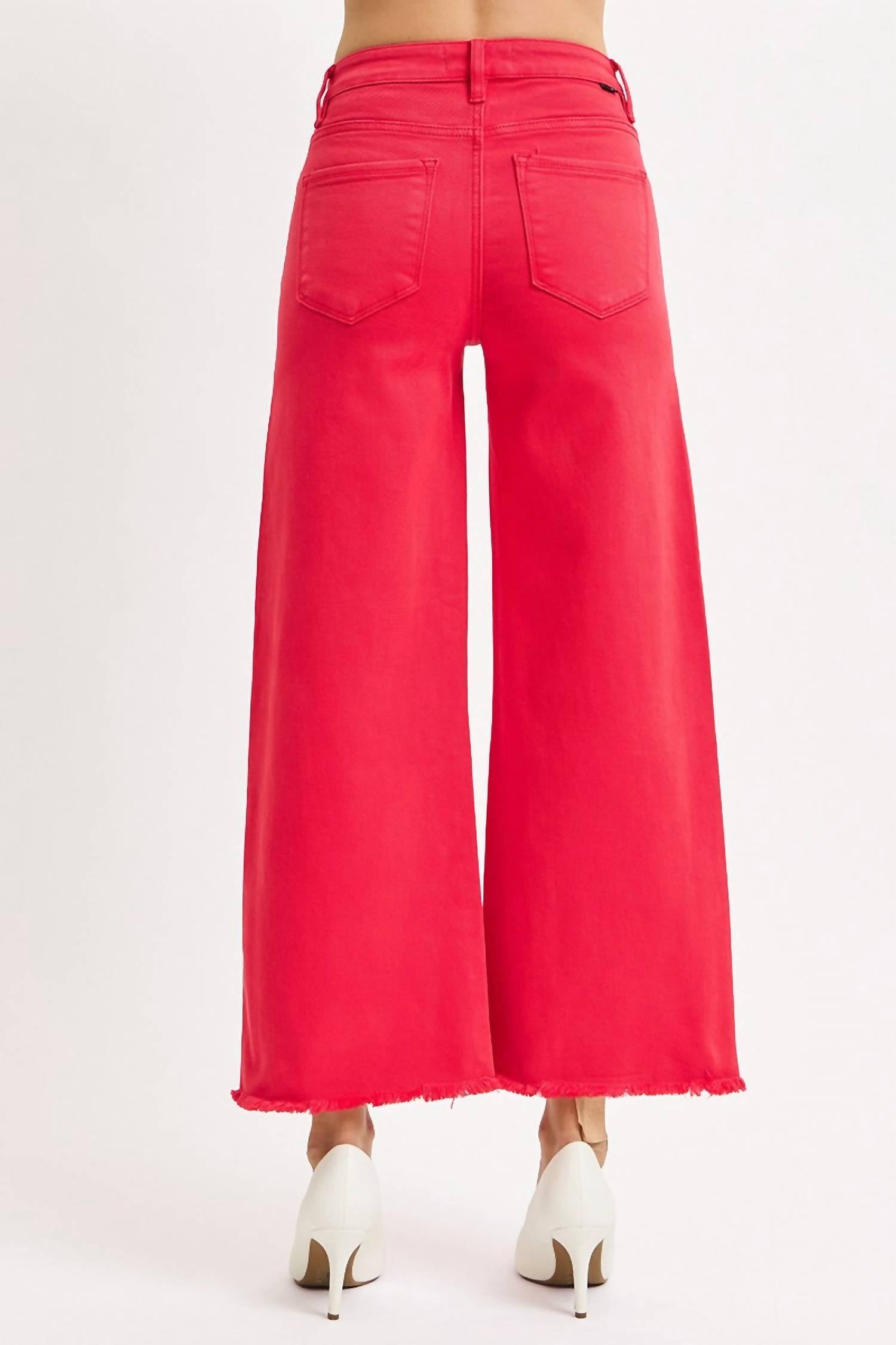 Risen - Tummy Control Red Raw Hem High Waisted Denim