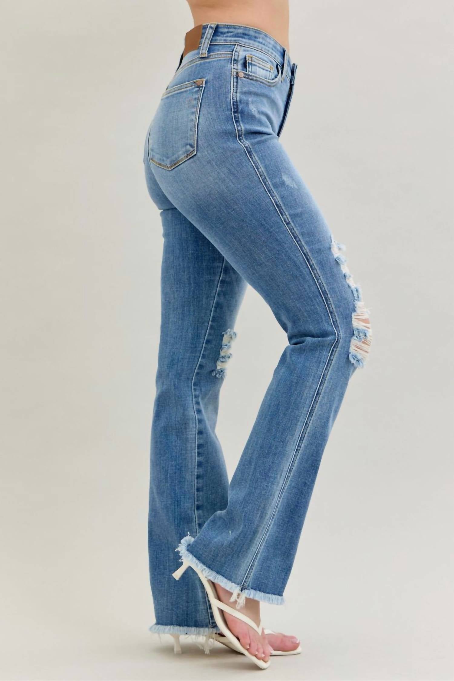 Judy Blue - High Waist Destroy Fray Hem Bootcut Denim Jean
