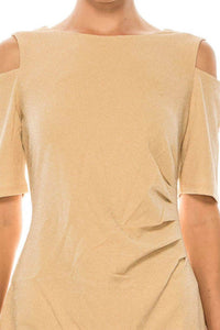 Ile Clothing - Side Pleat Cold Shoulder Sheath Dress