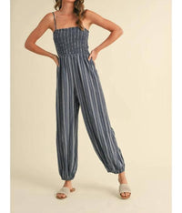 Klesis - Spaghetti Strap Smocked Striped Balloon Jumpsuit