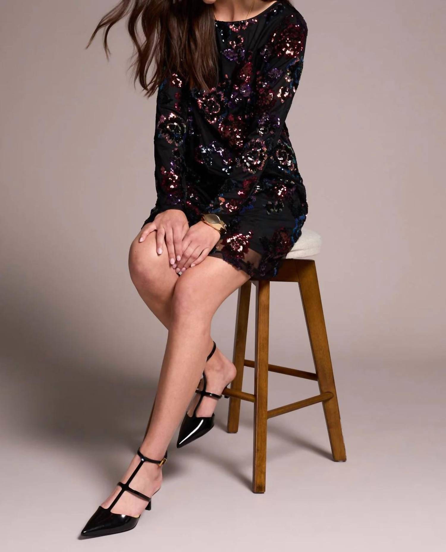 Tribal - Fiorielle Floral Sequin Mesh Lined A-line Dress