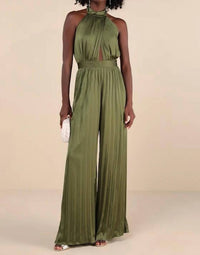 Lulus - Confident Impression Satin Pleated Halter Jumpsuit