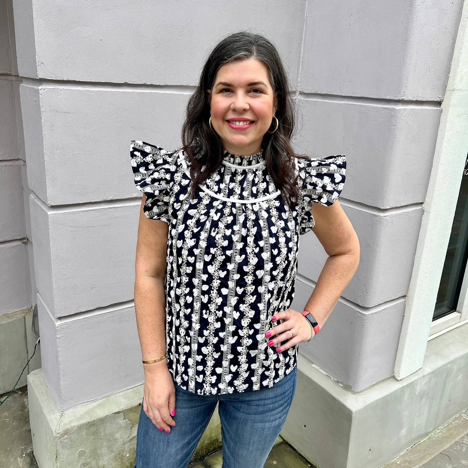 Voy - Heart Printed Eyelet Top
