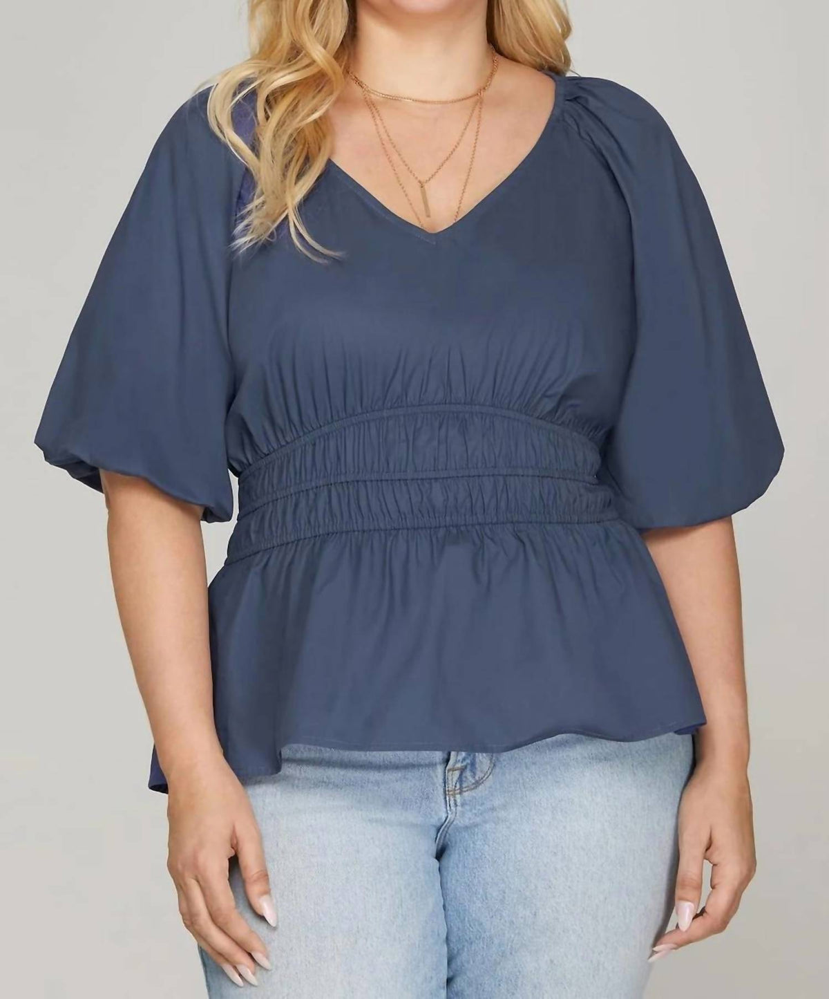She + Sky - Half Bubble Sleeve V-neck Woven Top