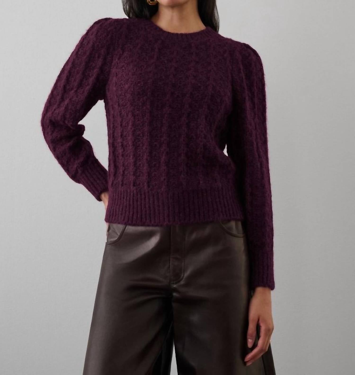 White + Warren - Plush Pointelle Puff Sleeve Crewneck Sweater