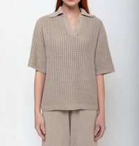 LAUREN MANOOGIAN Rack Knit Polo Shirt in sisal - women's top - detail view