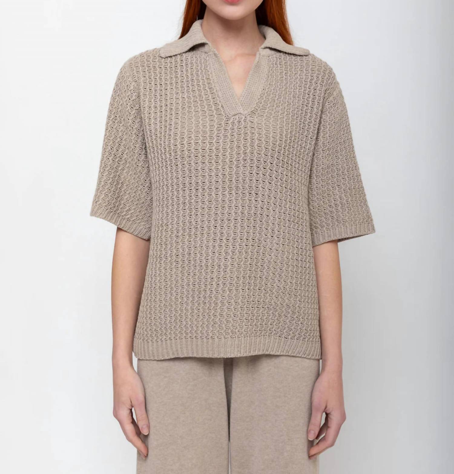 LAUREN MANOOGIAN Rack Knit Polo Shirt in sisal - women's top - detail view