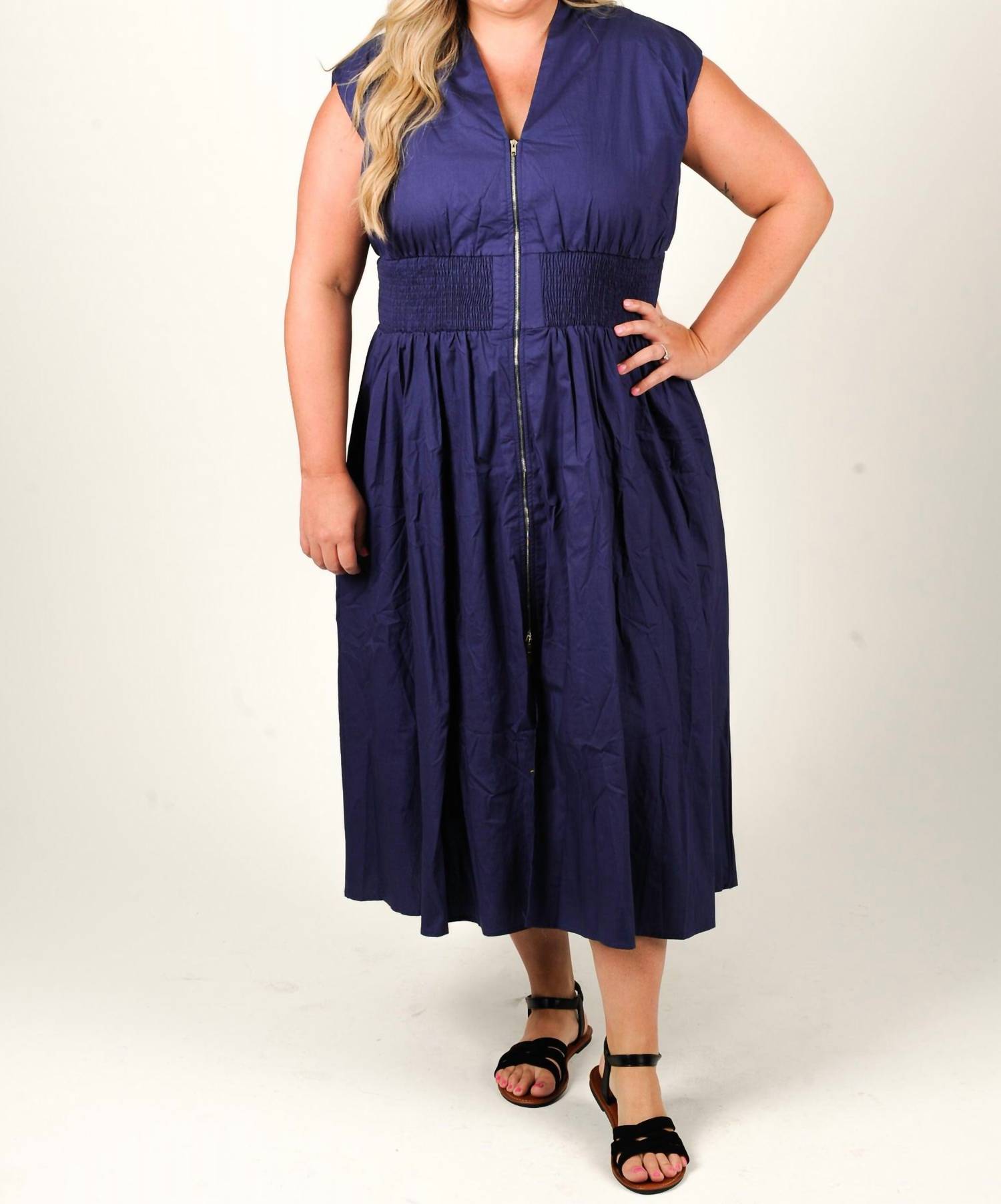 SHE + SKY Sunday Stroll Smocked Midi Dress in navy blue - women's dress