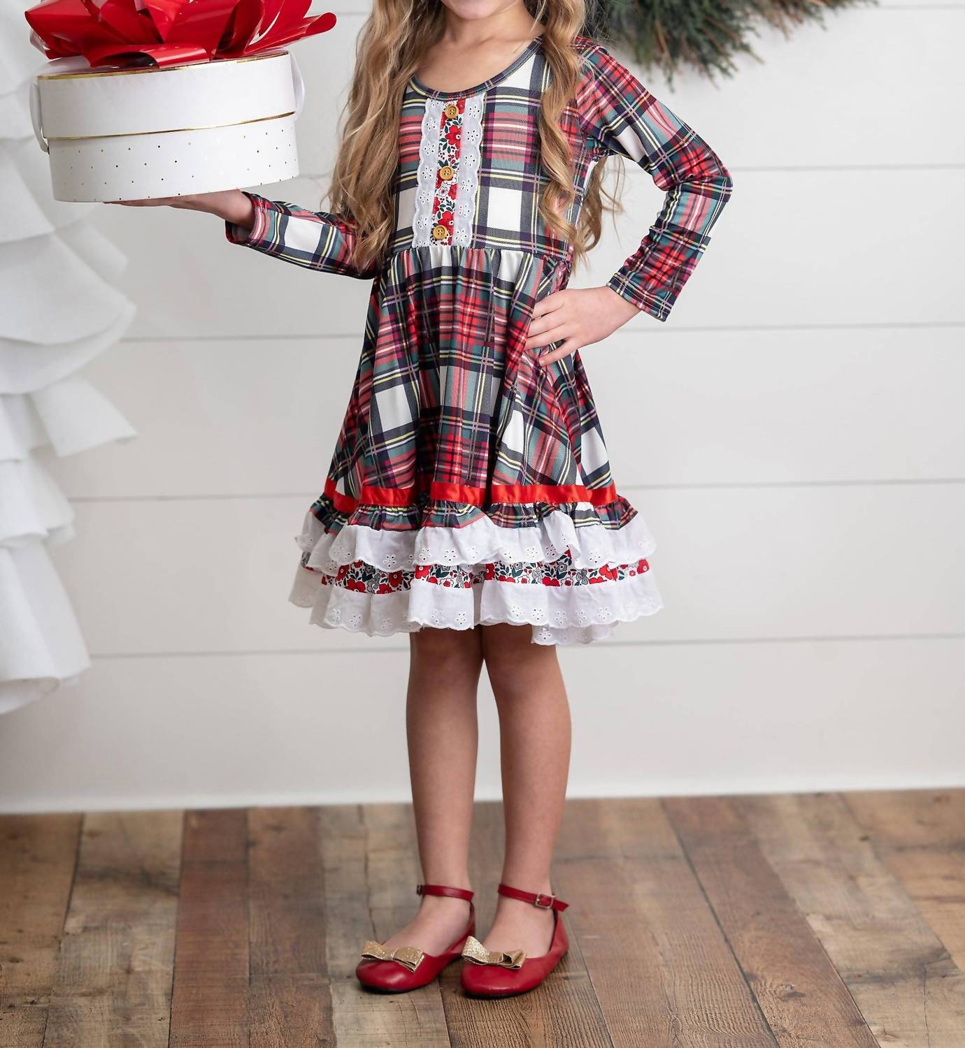 Adorable Sweetness - Girl's Holiday Christmas Plaid Lace Ruffle Bow Back Dress