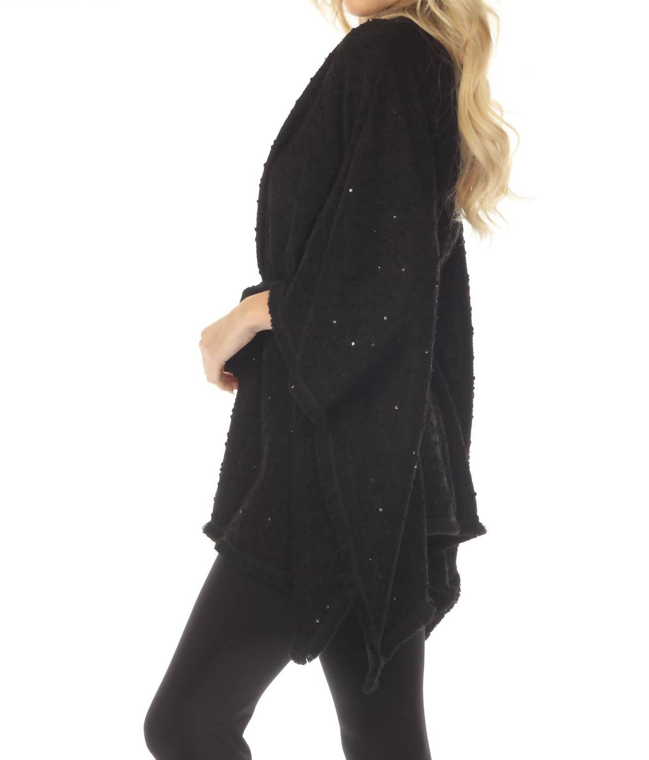 Joseph Ribkoff Sequined Bouclé Belted Cover Up Top in black - women's swimwear - detail view