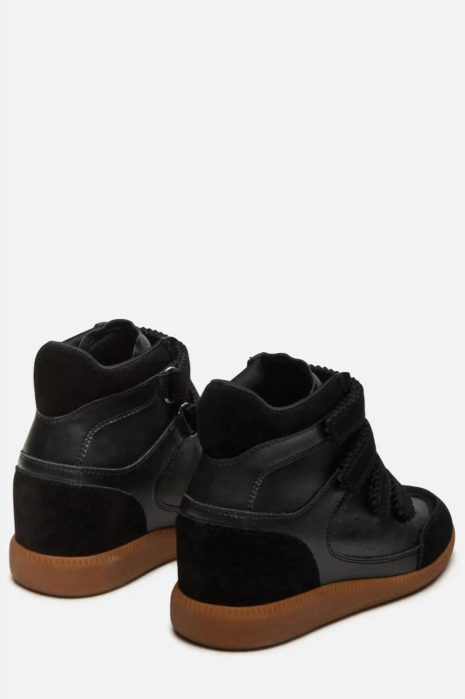 STEVE MADDEN Women's High Top Velcro Wedge Sneaker in black - women's sneaker - detail view