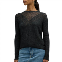 Autumn Cashmere Shaker Cable Crew Sweater With Sheer Yoke in black 1 - women's long sleeve top