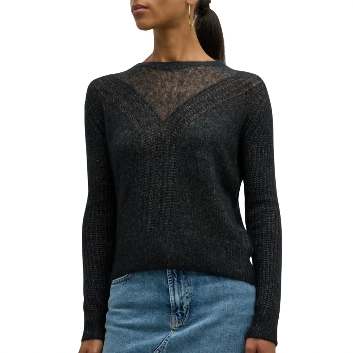 Autumn Cashmere Shaker Cable Crew Sweater With Sheer Yoke in black 1 - women's long sleeve top
