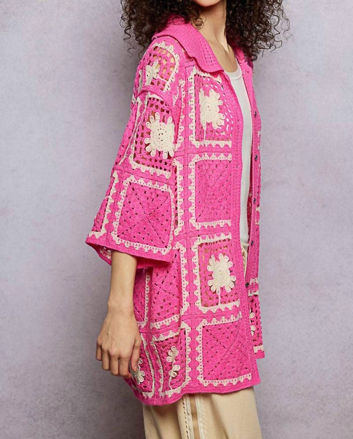 POL Button Collar Granny Square Crochet Shirt Top in pink multi - women's blouse - detail view