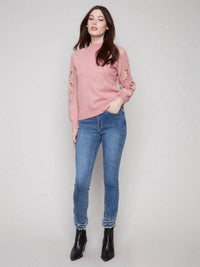 Charlie B - Mock Neck Raglan Sweater With Crochet Sleeves