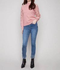 Charlie B - Mock Neck Raglan Sweater With Crochet Sleeves