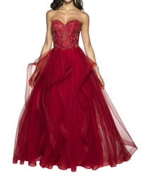Blush Prom - Hand Beaded Tulle Strapless Ruffled Gown