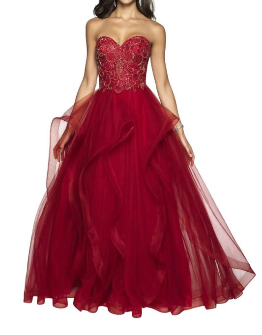 Blush Prom - Hand Beaded Tulle Strapless Ruffled Gown