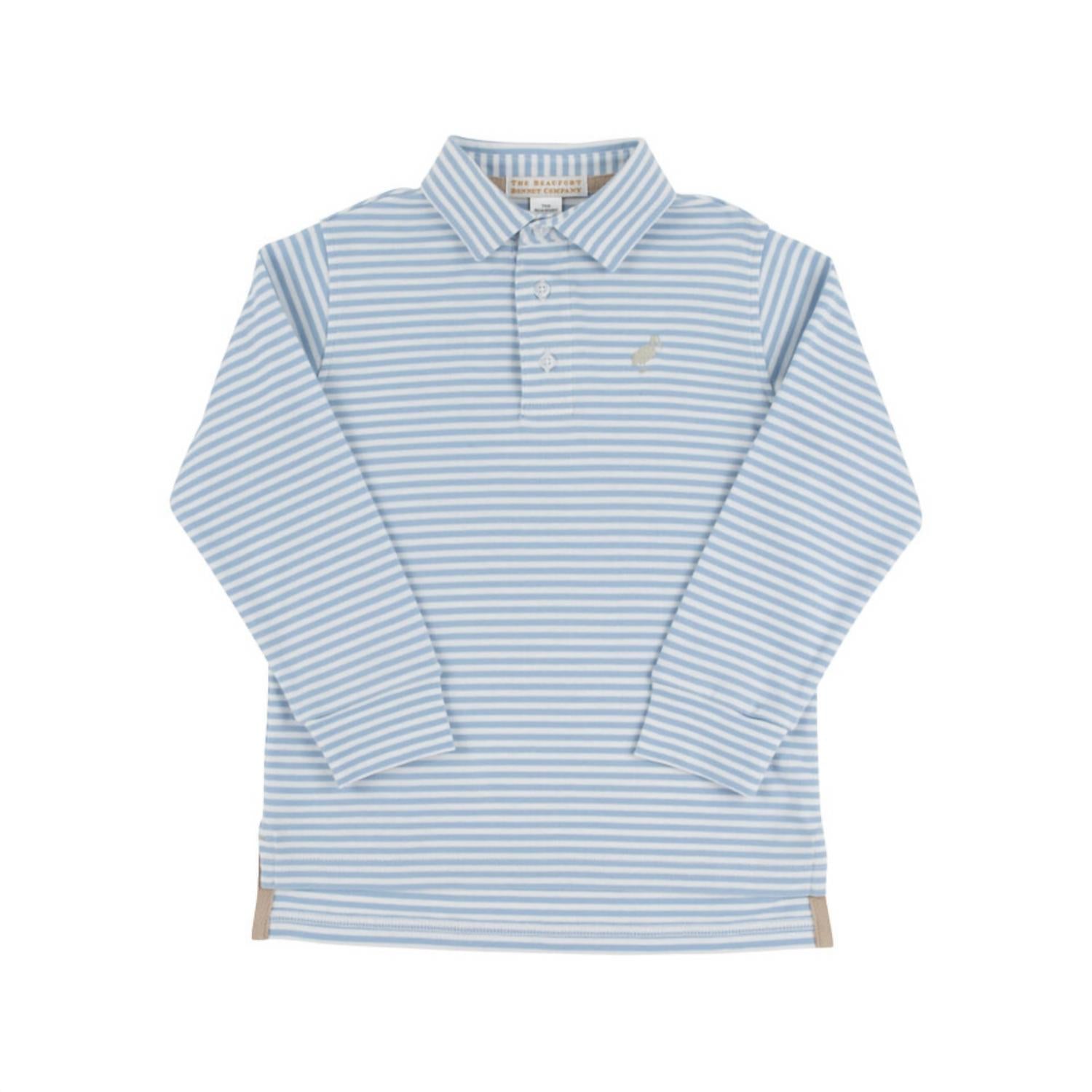 The Beaufort Bonnet Company Kid's Prim And Proper Polo in barrington blue stripe khaki - kids' shirt