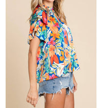 Jodifl - Tropical Floral Print Ruffled Sleeve Top